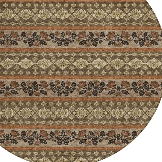 8' Chocolate And Gold Round Striped Washable Indoor Outdoor Area Rug Photo 2
