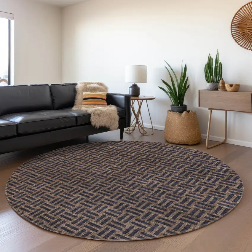 8' Chocolate And Gray Abstract Geometric Washable Round Rug With UV Protection Photo 4