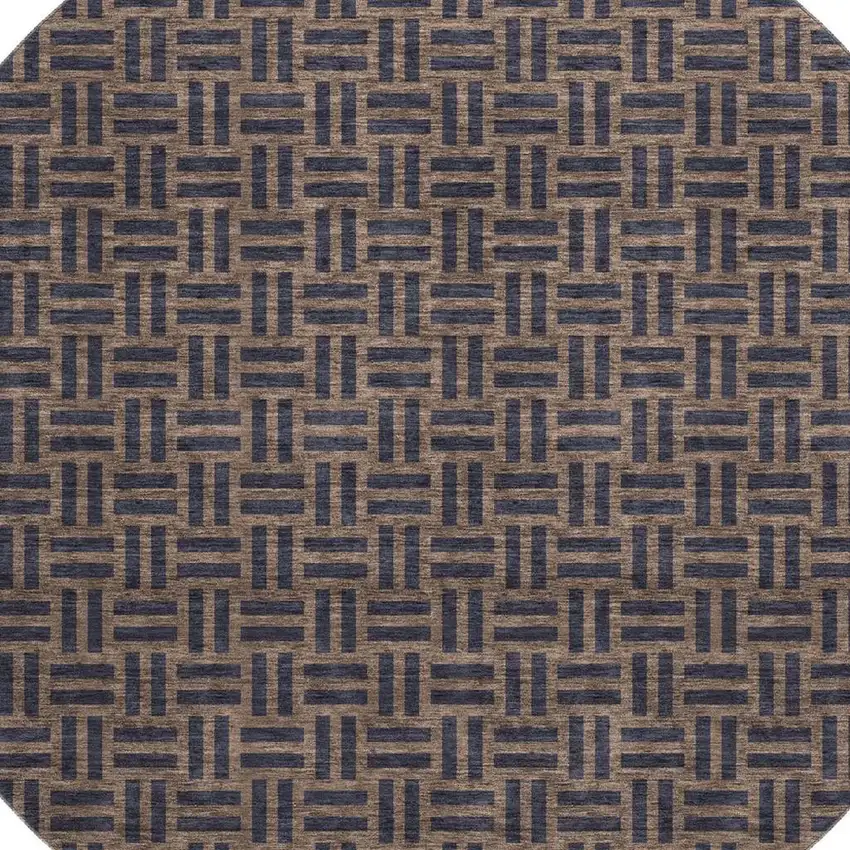 8' Chocolate And Gray Abstract Geometric Washable Round Rug With UV Protection Photo 2