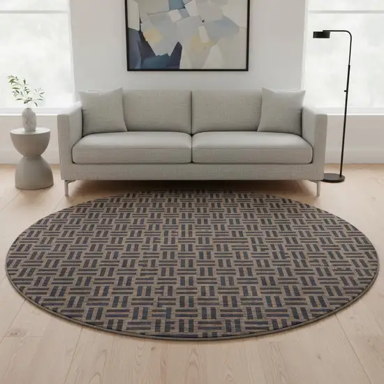 8' Chocolate And Gray Abstract Geometric Washable Round Rug With UV Protection Photo 2