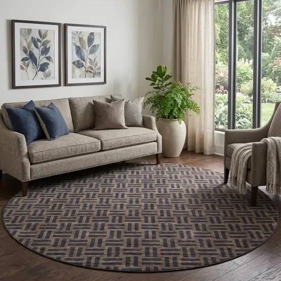 8' Chocolate And Gray Abstract Geometric Washable Round Rug With UV Protection Photo 1