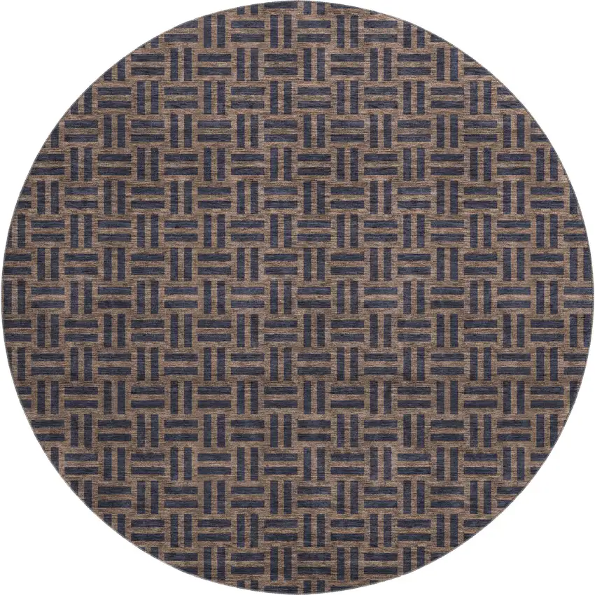 8' Chocolate And Gray Abstract Geometric Washable Round Rug With UV Protection Photo 1