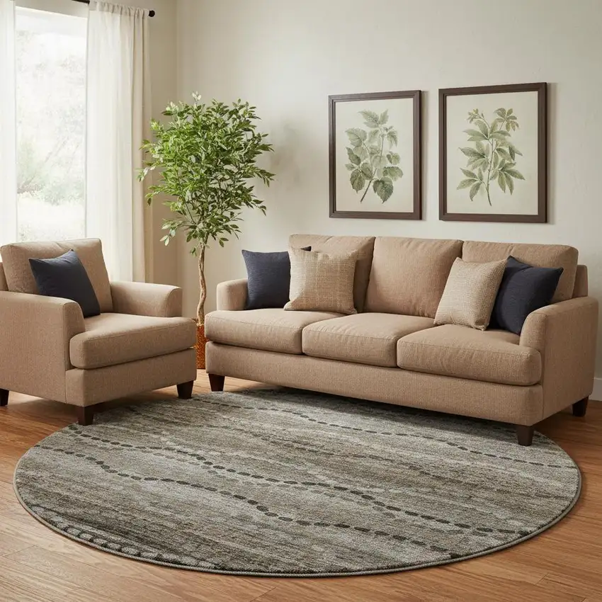 8' Chocolate And Gray Abstract Geometric Washable Round Rug With UV Protection Photo 2