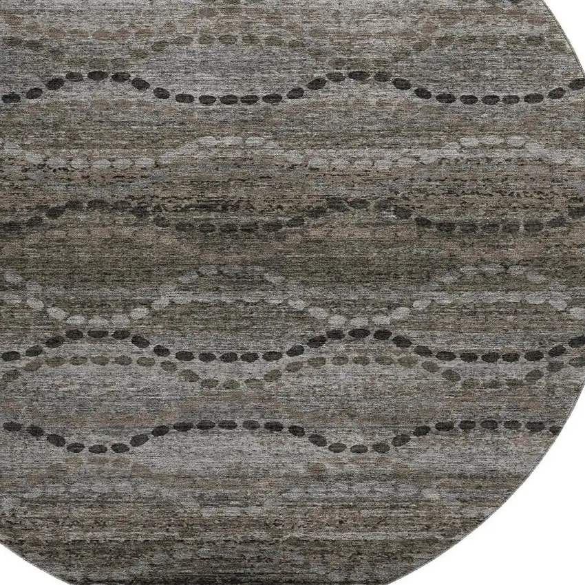 8' Chocolate And Gray Abstract Geometric Washable Round Rug With UV Protection Photo 3
