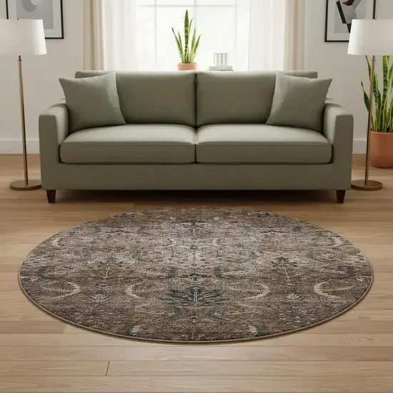 8' Chocolate And Gray Damask Washable Round Rug With UV Protection Photo 2