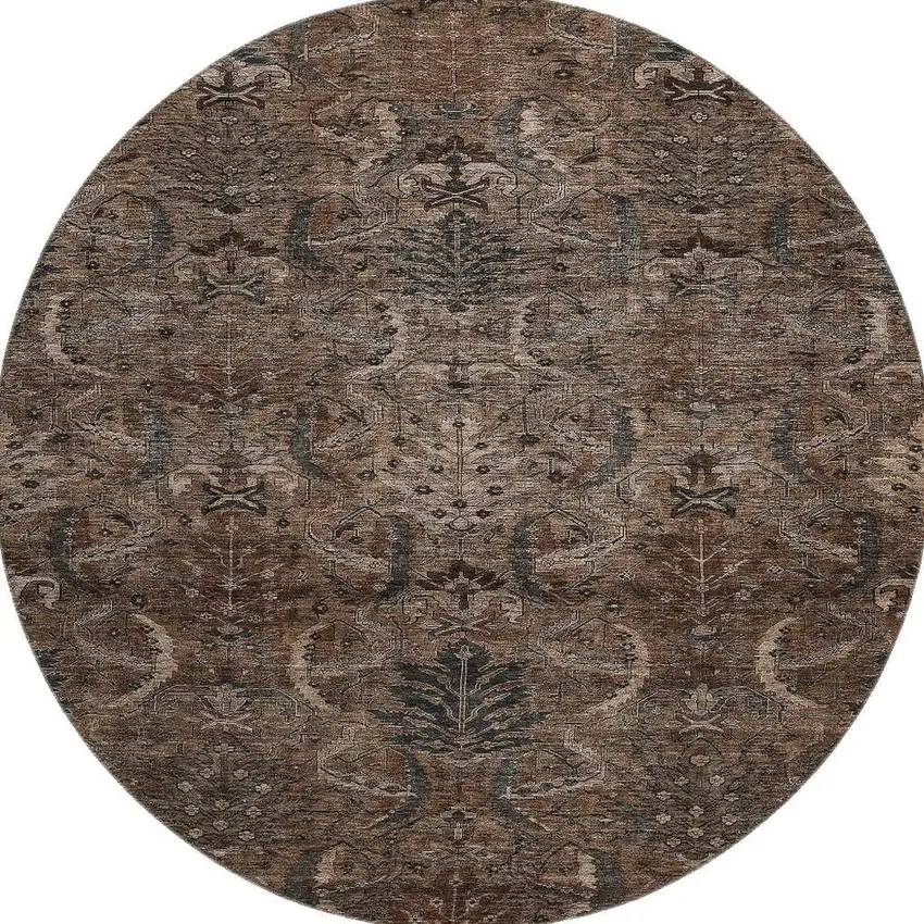 8' Chocolate And Gray Damask Washable Round Rug With UV Protection Photo 3