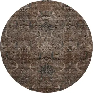 Photo of 8' Chocolate And Gray Damask Washable Round Rug With UV Protection