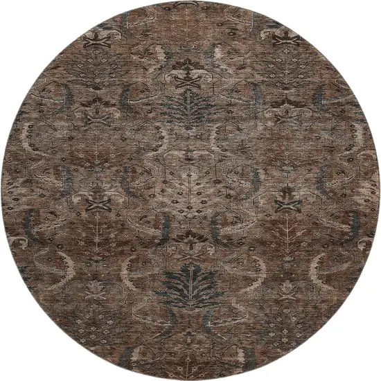 8' Chocolate And Gray Damask Washable Round Rug With UV Protection Photo 1
