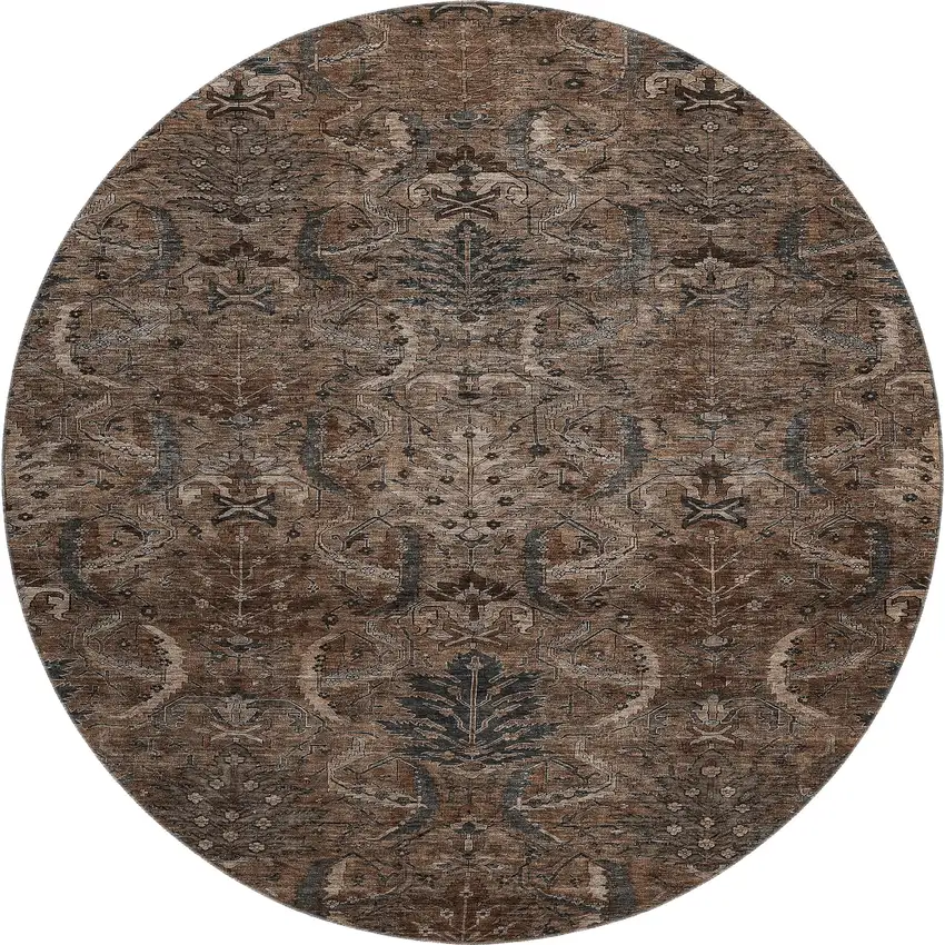 8' Chocolate And Gray Damask Washable Round Rug With UV Protection Photo 1