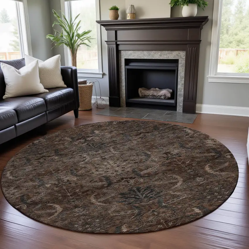8' Chocolate And Gray Damask Washable Round Rug With UV Protection Photo 4
