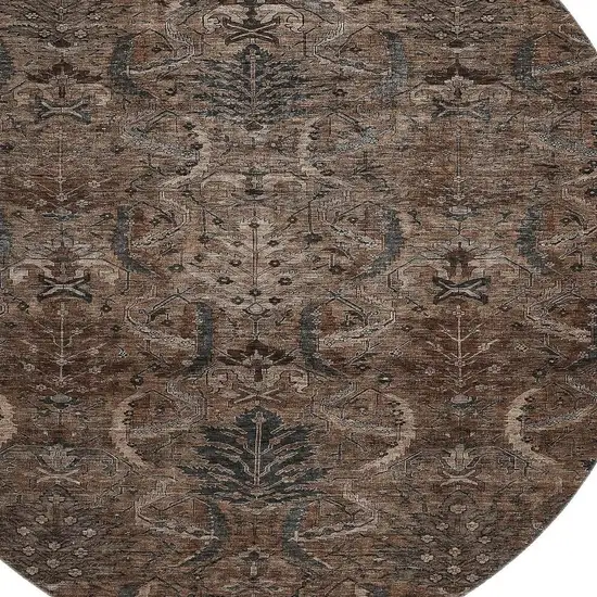 8' Chocolate And Gray Damask Washable Round Rug With UV Protection Photo 2