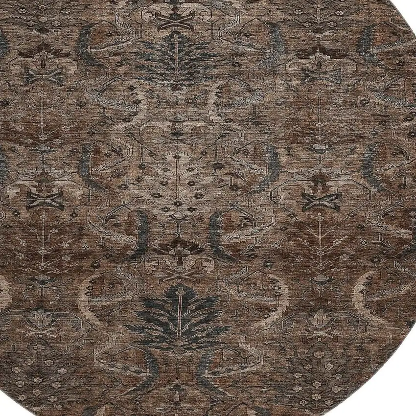 8' Chocolate And Gray Damask Washable Round Rug With UV Protection Photo 2
