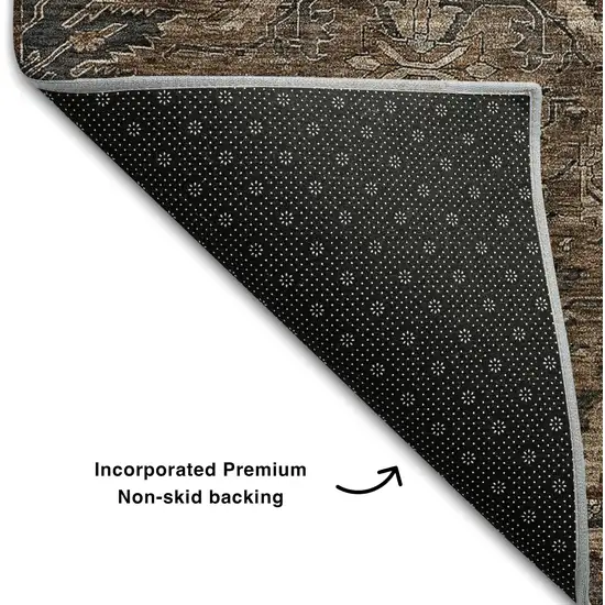 8' Chocolate And Gray Damask Washable Round Rug With UV Protection Photo 5
