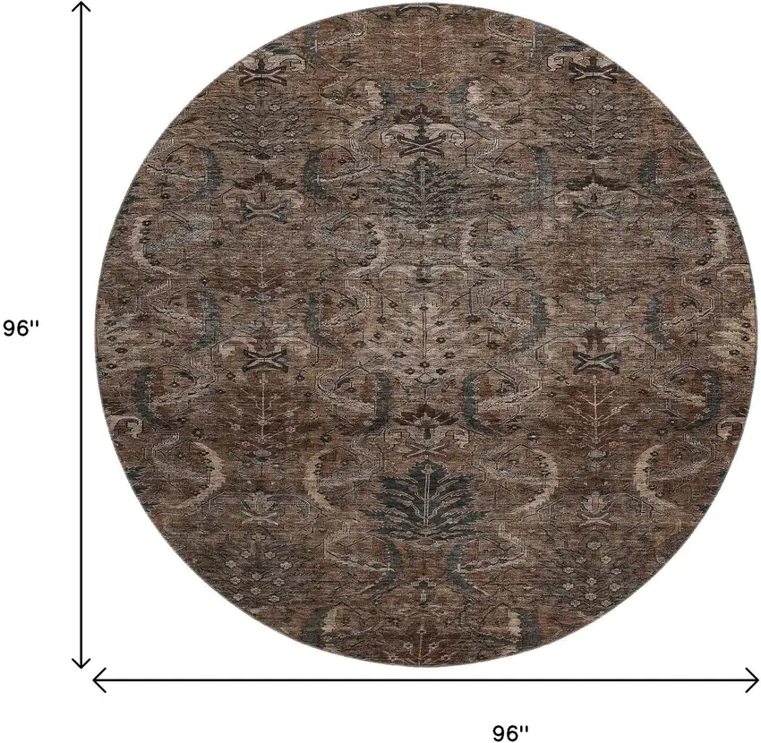 8' Chocolate And Gray Damask Washable Round Rug With UV Protection Photo 9