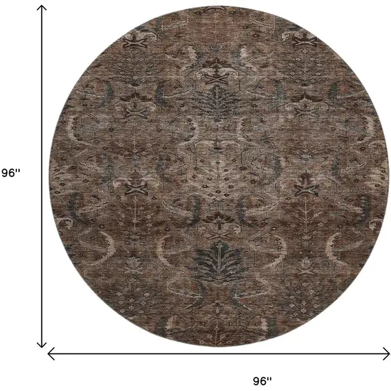 8' Chocolate And Gray Damask Washable Round Rug With UV Protection Photo 9