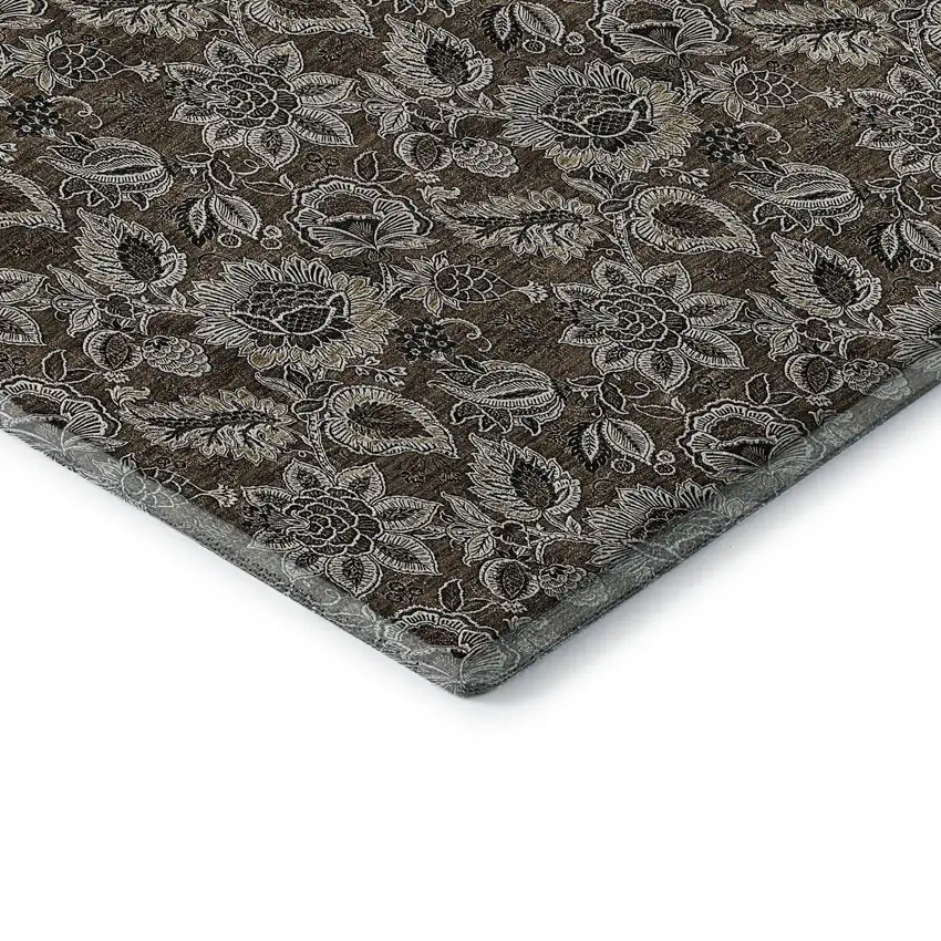 8' Chocolate And Gray Floral Washable Round Rug With UV Protection Photo 6