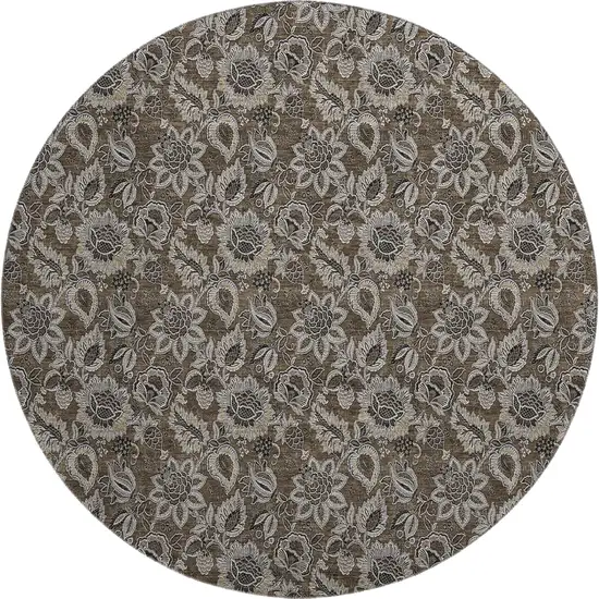 8' Chocolate And Gray Floral Washable Round Rug With UV Protection Photo 1