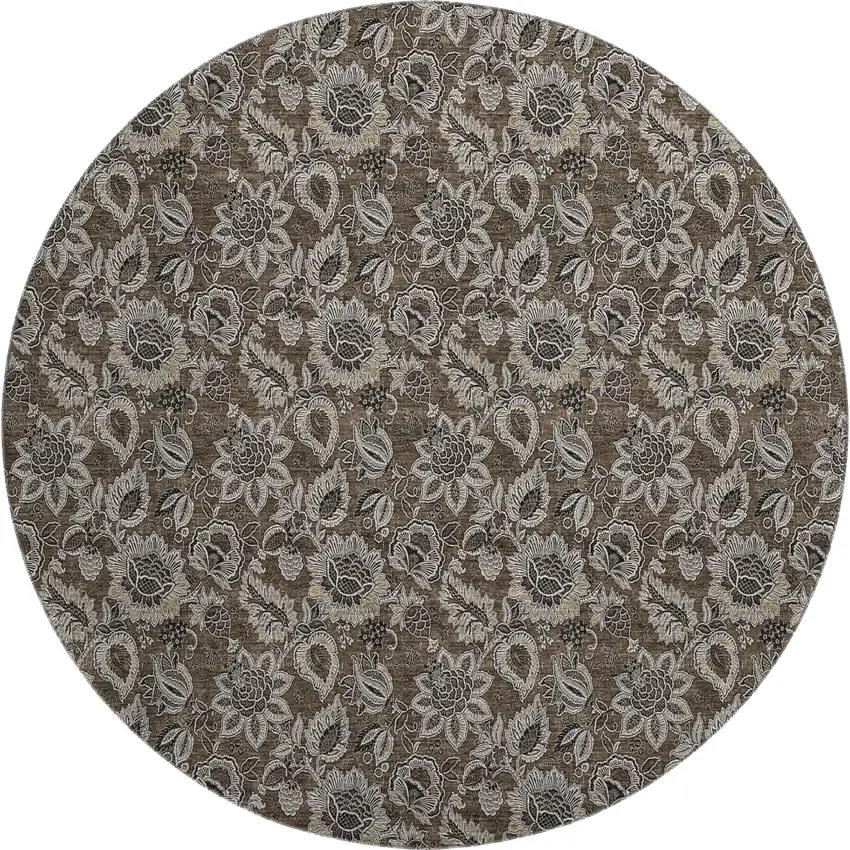 8' Chocolate And Gray Floral Washable Round Rug With UV Protection Photo 1