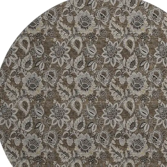 8' Chocolate And Gray Floral Washable Round Rug With UV Protection Photo 2