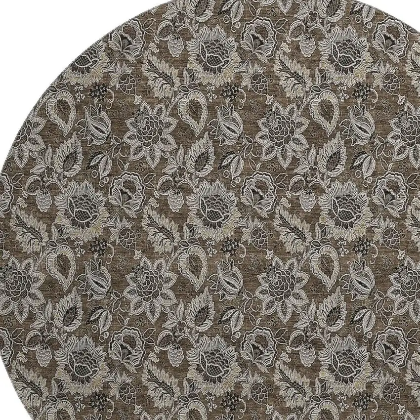 8' Chocolate And Gray Floral Washable Round Rug With UV Protection Photo 2