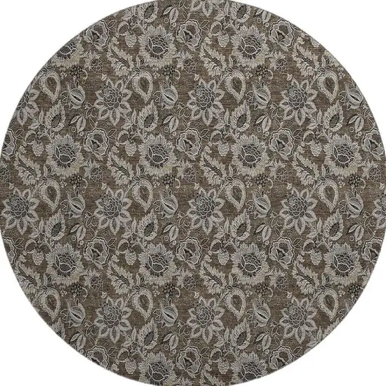 8' Chocolate And Gray Floral Washable Round Rug With UV Protection Photo 3