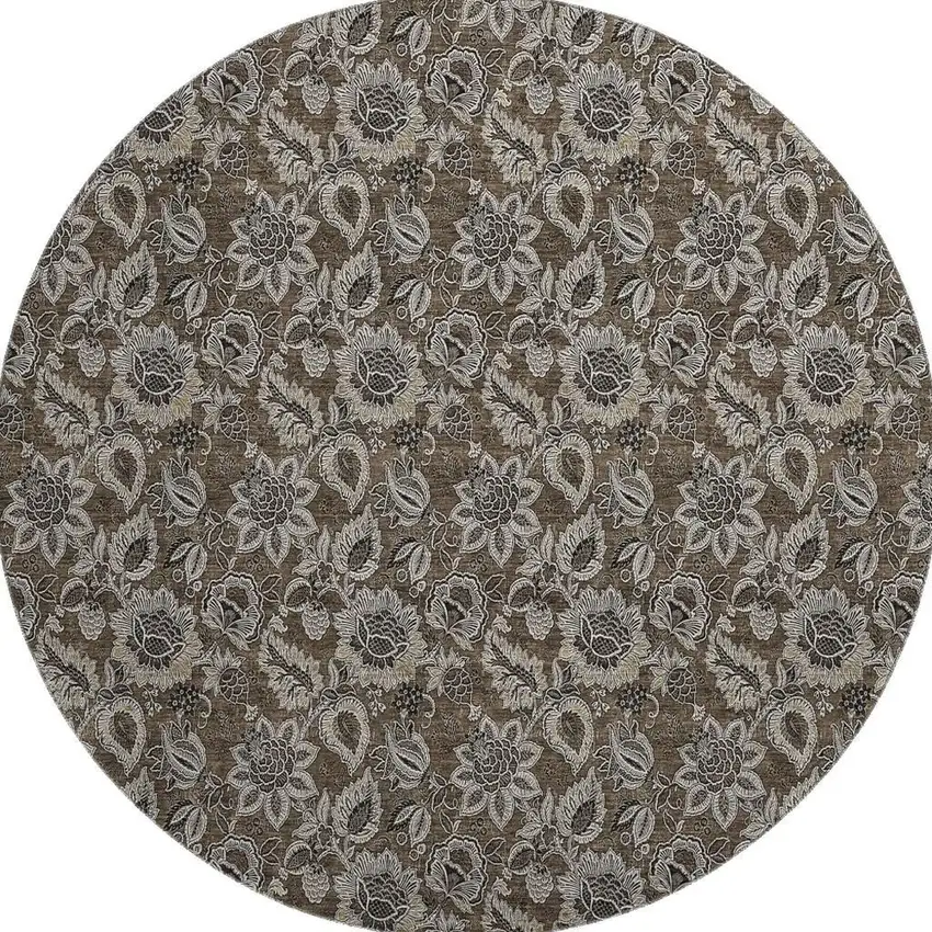 8' Chocolate And Gray Floral Washable Round Rug With UV Protection Photo 3