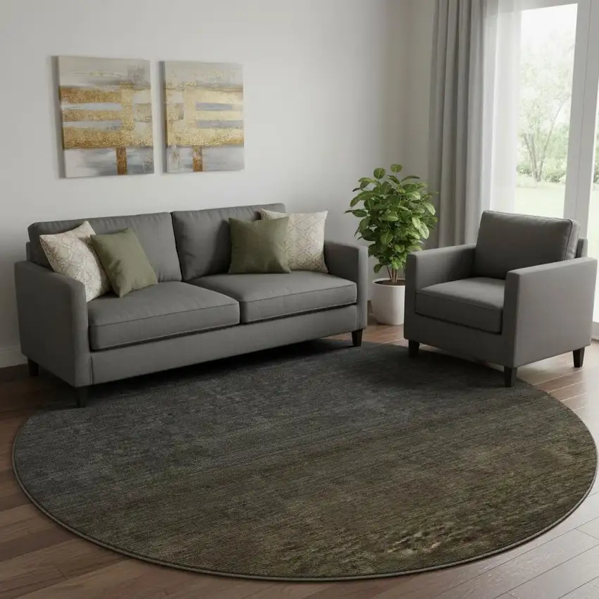 8' Chocolate And Gray Ombre Washable Round Rug With UV Protection Photo 1