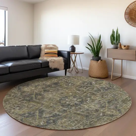 8' Chocolate And Gray Oriental Washable Round Rug With UV Protection Photo 4
