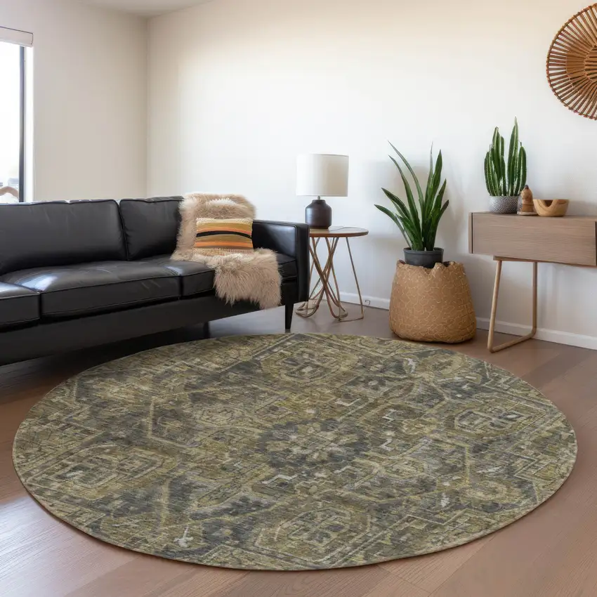 8' Chocolate And Gray Oriental Washable Round Rug With UV Protection Photo 4