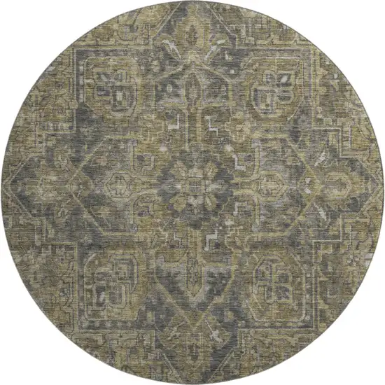 8' Chocolate And Gray Oriental Washable Round Rug With UV Protection Photo 1
