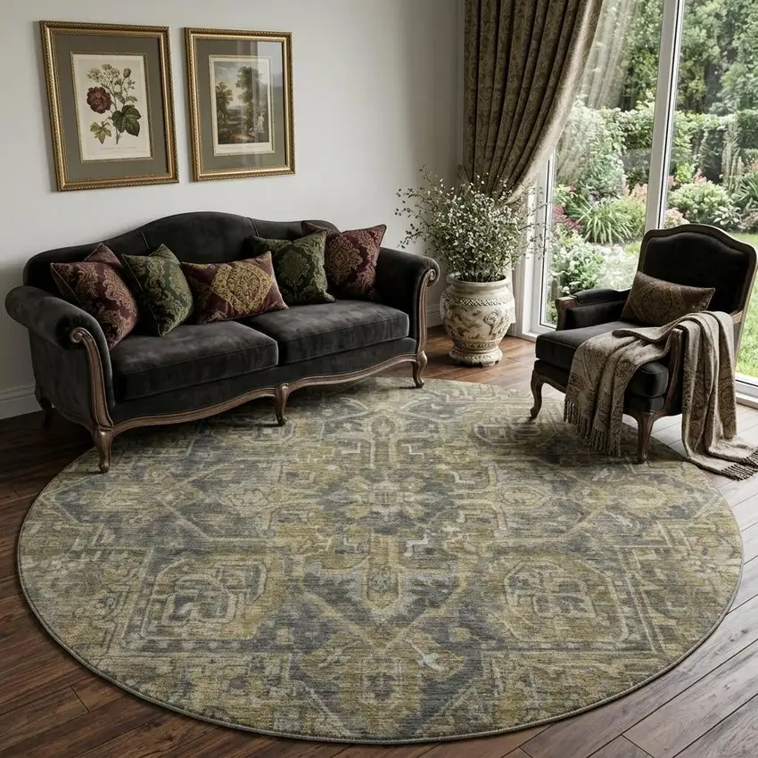 8' Chocolate And Gray Medallion Distressed Washable Round Rug With UV Protection Photo 1