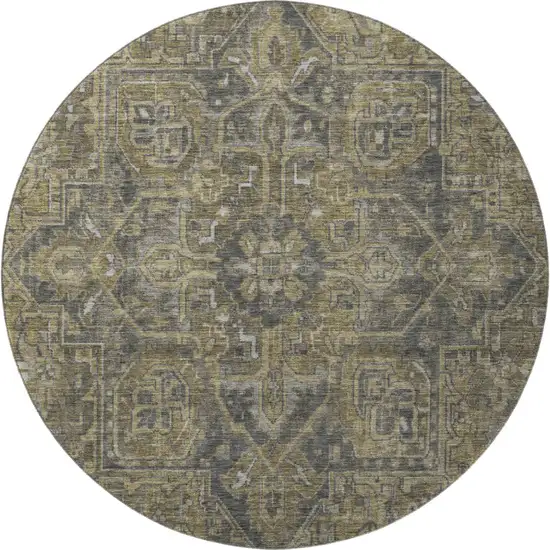 8' Chocolate And Gray Oriental Washable Round Rug With UV Protection Photo 3