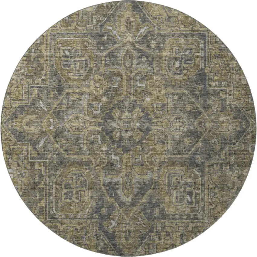 8' Chocolate And Gray Oriental Washable Round Rug With UV Protection Photo 3