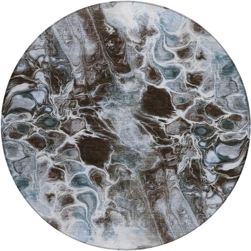 8' Chocolate And Gray Round Abstract Washable Indoor Outdoor Area Rug Photo 1