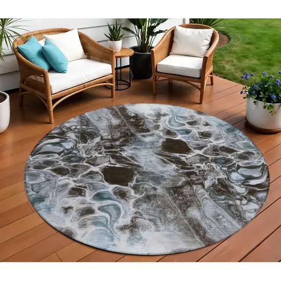 8' Chocolate And Gray Round Abstract Washable Indoor Outdoor Area Rug Photo 2