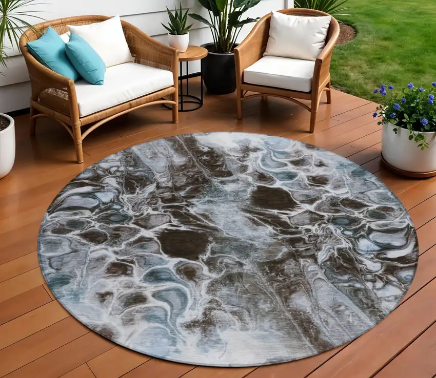 8' Chocolate And Gray Round Abstract Washable Indoor Outdoor Area Rug Photo 2