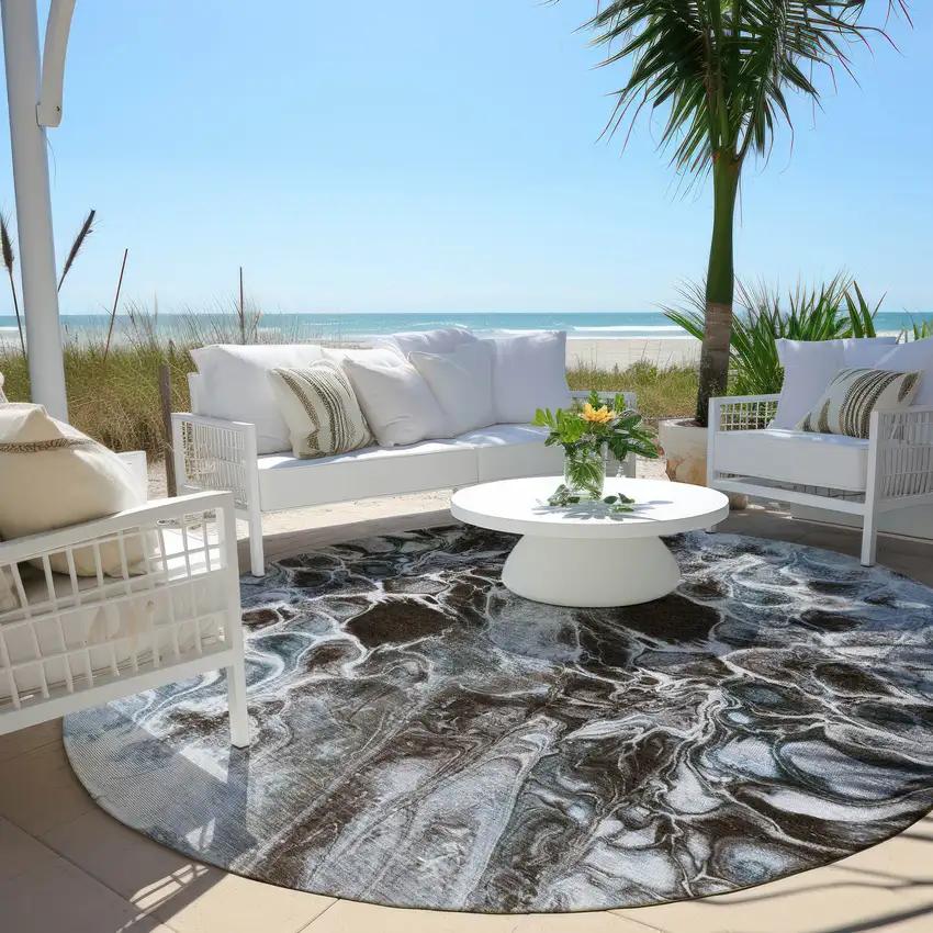 8' Chocolate And Gray Round Abstract Washable Indoor Outdoor Area Rug Photo 5