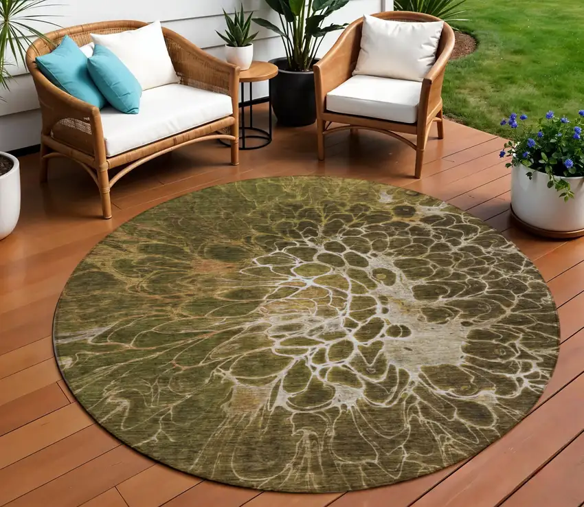 8' Chocolate And Gray Round Abstract Washable Indoor Outdoor Area Rug Photo 1