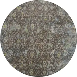 Photo of 8' Chocolate And Gray Round Damask Washable Indoor Outdoor Area Rug
