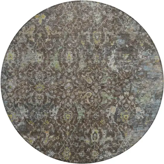 8' Chocolate And Gray Round Damask Washable Indoor Outdoor Area Rug Photo 1