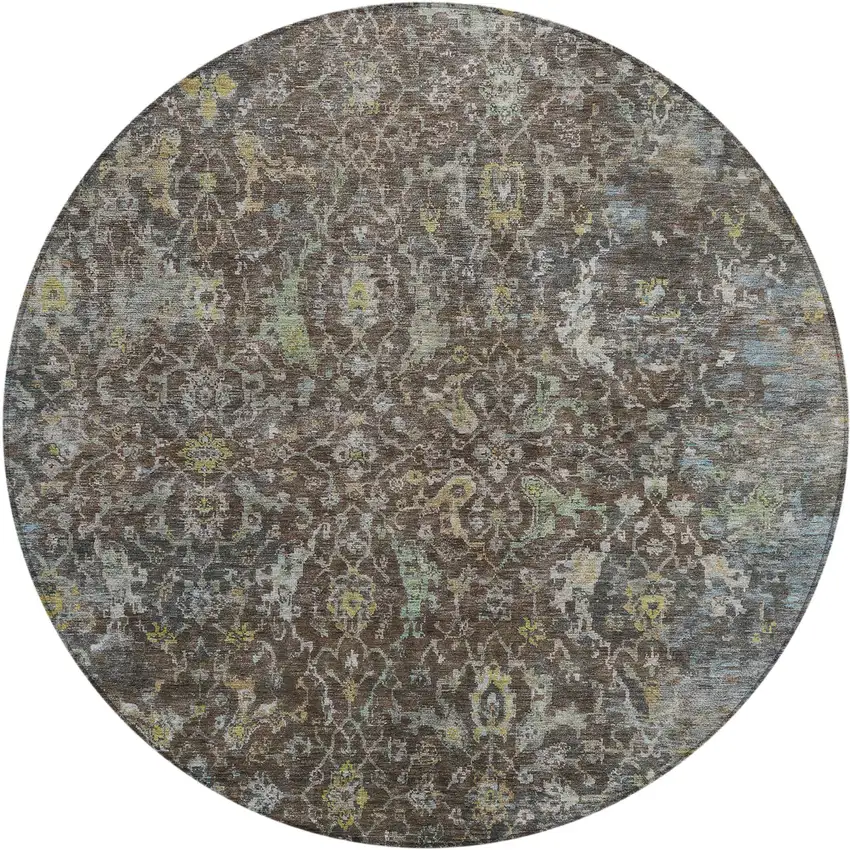 8' Chocolate And Gray Round Damask Washable Indoor Outdoor Area Rug Photo 1