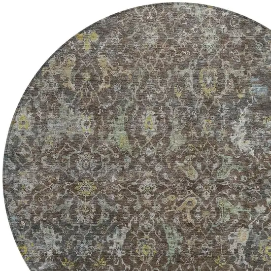 8' Chocolate And Gray Round Damask Washable Indoor Outdoor Area Rug Photo 2