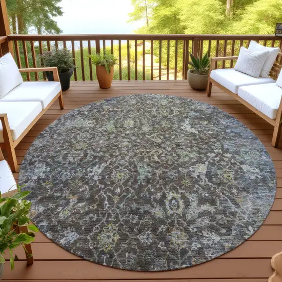 8' Chocolate And Gray Round Damask Washable Indoor Outdoor Area Rug Photo 4