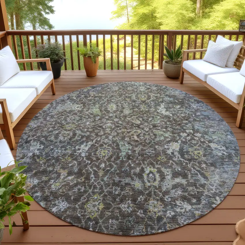 8' Chocolate And Gray Round Damask Washable Indoor Outdoor Area Rug Photo 4