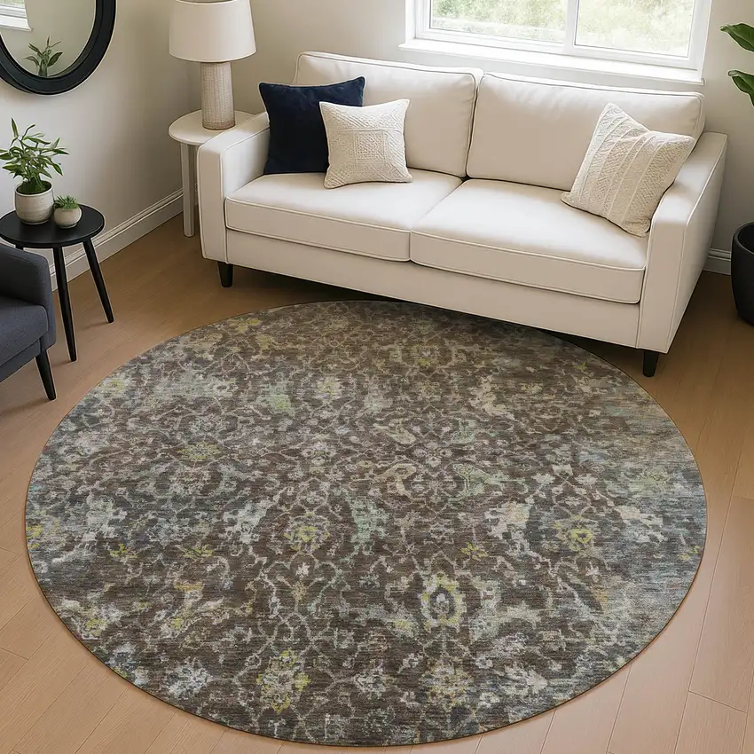 8' Chocolate And Gray Round Damask Washable Indoor Outdoor Area Rug Photo 5