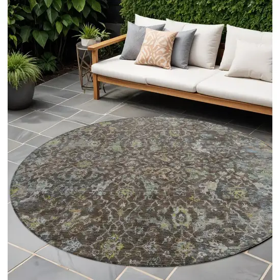 8' Chocolate And Gray Round Damask Washable Indoor Outdoor Area Rug Photo 1