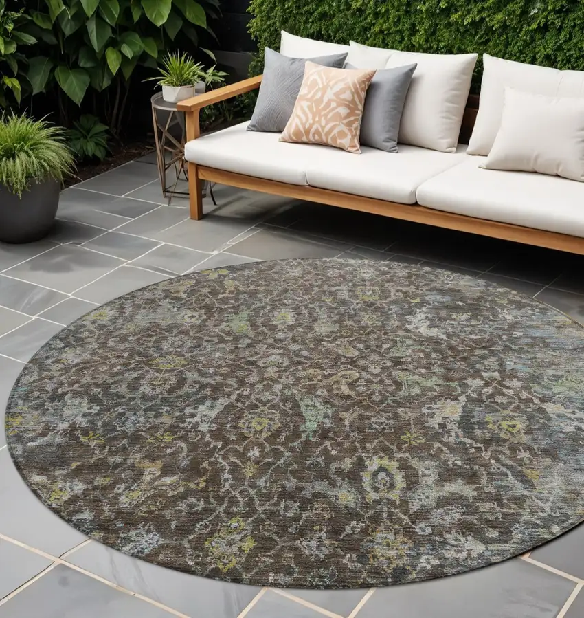8' Chocolate And Gray Round Damask Washable Indoor Outdoor Area Rug Photo 1