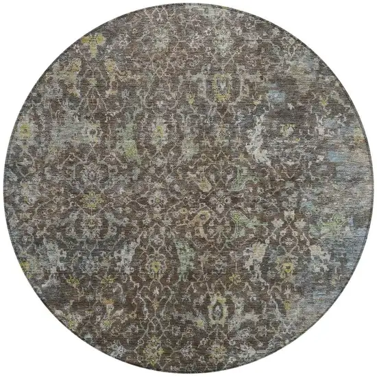 8' Chocolate And Gray Round Damask Washable Indoor Outdoor Area Rug Photo 3