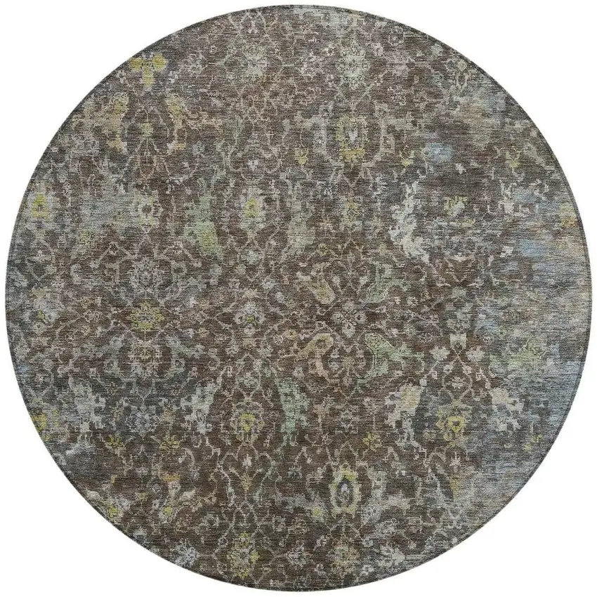 8' Chocolate And Gray Round Damask Washable Indoor Outdoor Area Rug Photo 3