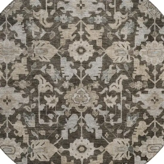 8' Chocolate And Gray Round Floral Washable Indoor Outdoor Area Rug Photo 2